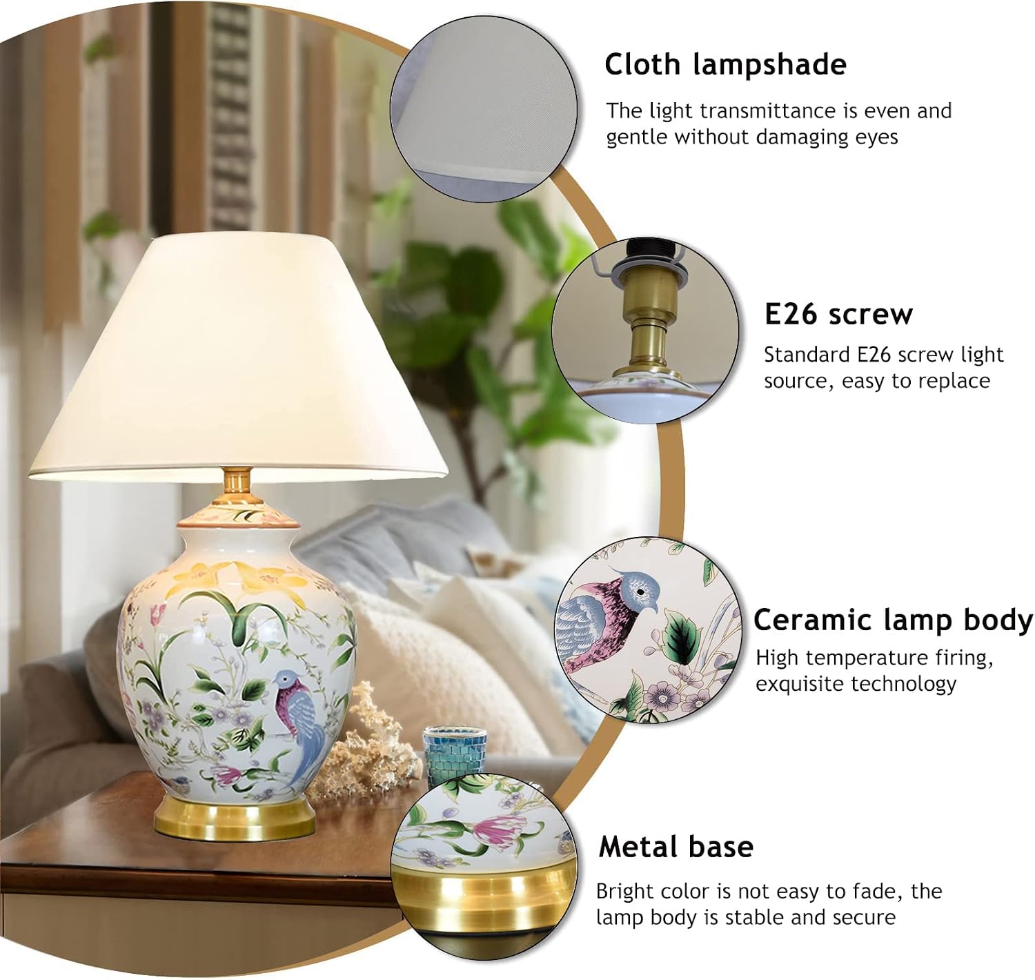 Chinoiserie Ceramic LED Table Lamp, American Flower&Bird Bedside Lamp, Classic White Fabric Lampshade Desk Nightstand Lamp for Bedroom Living Room Office College Bookcase