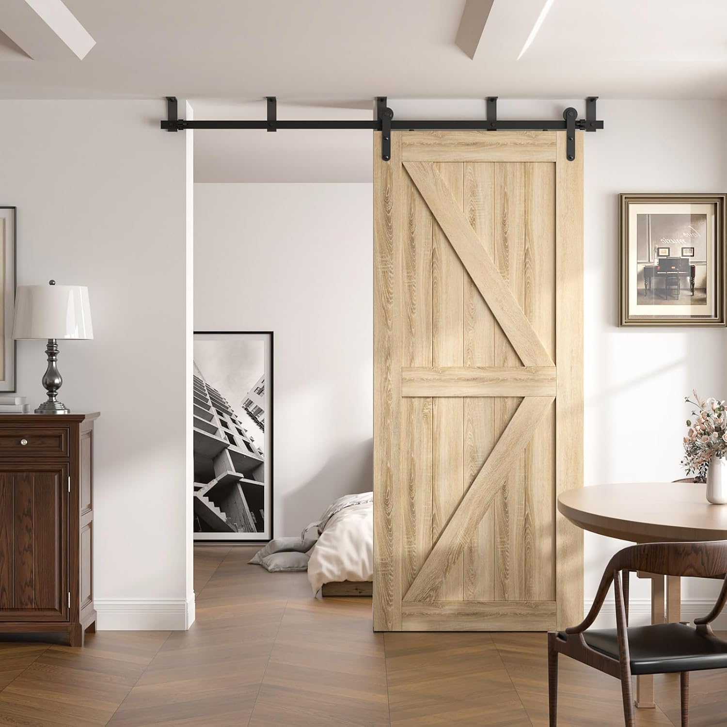 4-12FT Sliding Barn Door Hardware Kit Ceiling Mount Style, 5.5FT Length Rails fit 33' Width Single Door Panel, Line Style
