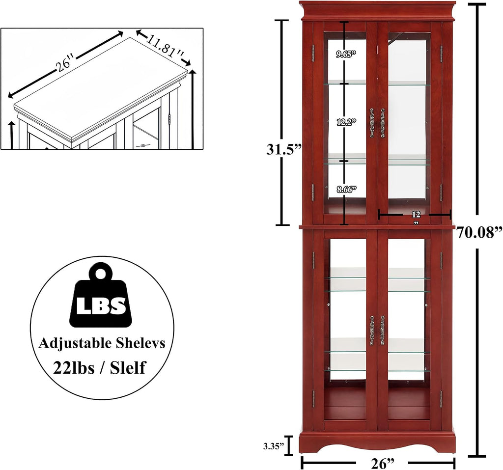 70' H Lighted Curio Cabinet Display Case, Glass Curio Cabinets with Adjustable Shelves and Tempered Glass Door, Wooden Cabinet w/Mirrored Back Pane for Living Room (Cherry)