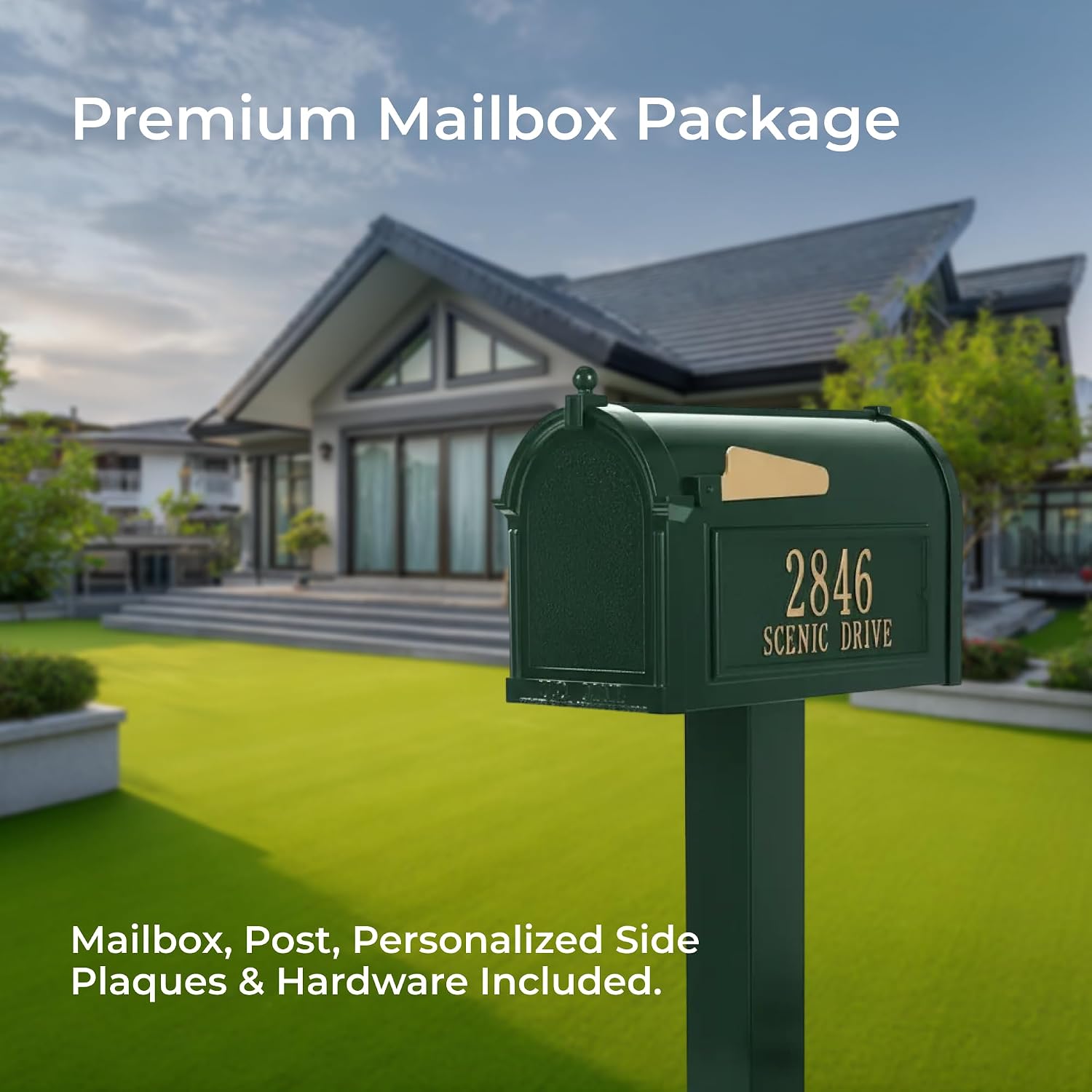 Whitehall Products Premium Capitol Mailbox Package with Personalized Side Plaques | Standard Post Fashion and Function with a Classic Design. While Enhancing The Curb Appeal of Your Home. Green