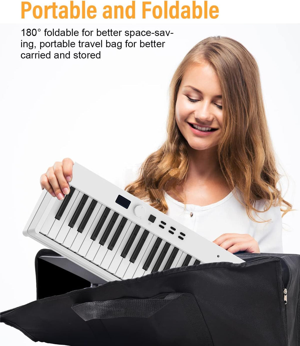 KONIX Folding Piano Keyboard, 88 Key Full Size Semi Weighted Foldable Keyboard Piano, Portable Bluetooth Electric Piano with Sheet Music Stand, Sustain Pedal and Piano Bag, White