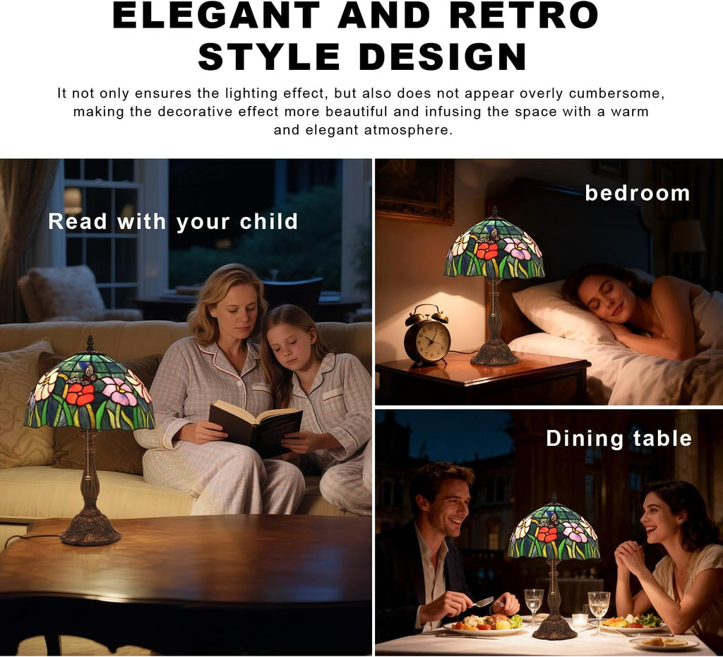 Tiffany Style Table Lamp,Butterfly Flower Table Lamp,12X12X19 Inch Tiffany Reading Light, Stained Glass Desk Decor Lamp.