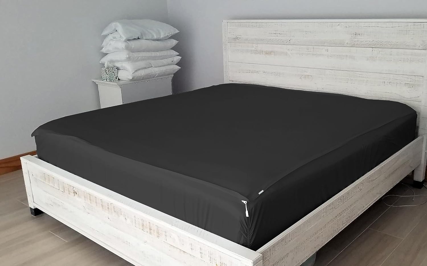 Cotton Zip On Fitted Sheet Queen - 2 Zip On Sheets & 1 Fitted Sheet Base - Upto 16' Inch Deep Pocket Queen Size Zipper Fitted Sheets - Soft & Luxury 600 TC 100% Cotton Zip Sheets - Black