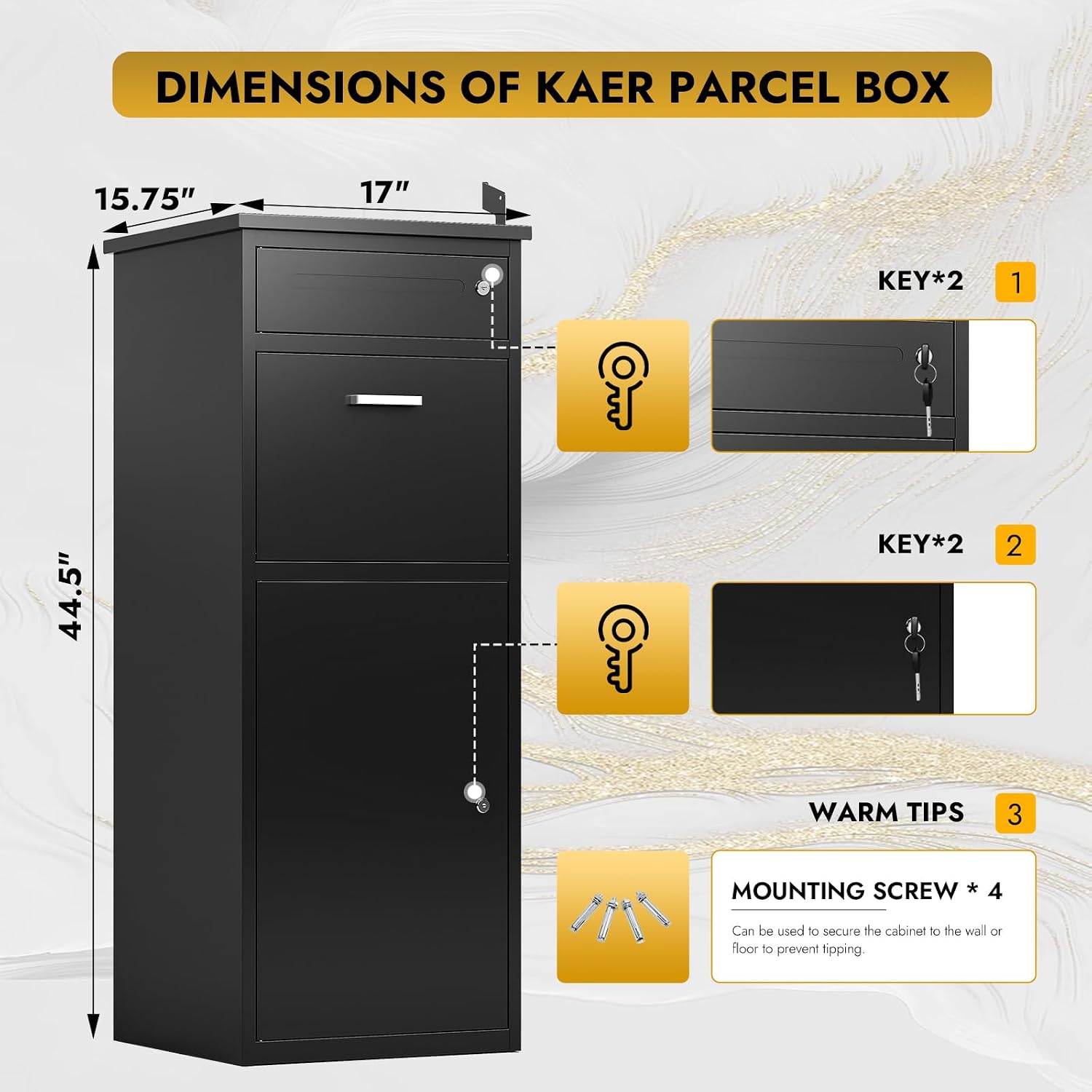 KAER Package Delivery Boxes for Outside,44.5'x17'x15.75' Cold-Rolled Steel Delivery Box for Packages & Mails, Anti-Theft Lockable Large Parcel Drop Box for Outdoor, Porch, Curbside