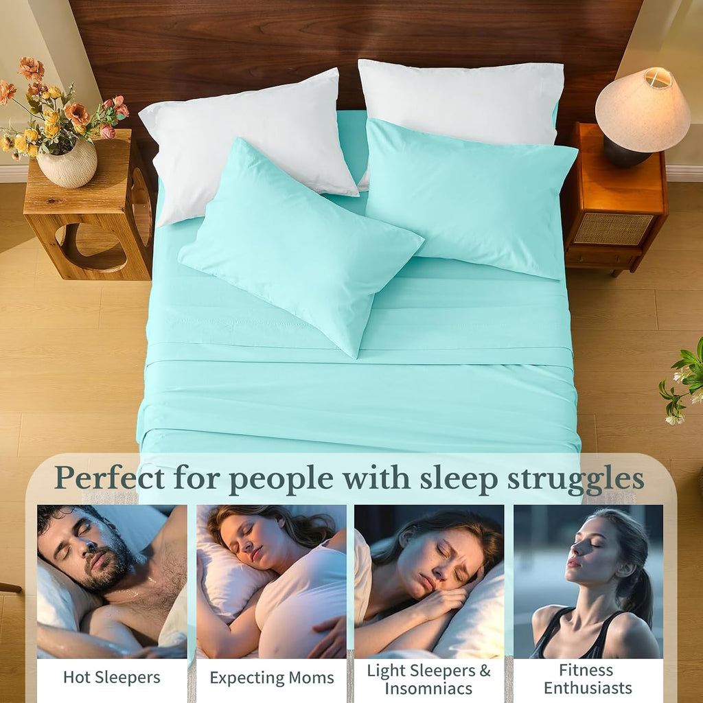 MEISHANG 100% French Pure Linen Sheets Queen Size - Bed Sheets 4 Piece Sets, Soft Durable Flax Linen, Anti-Tear Breathable Moisture Wicking with 16' Deep Pocket (Light Blue)