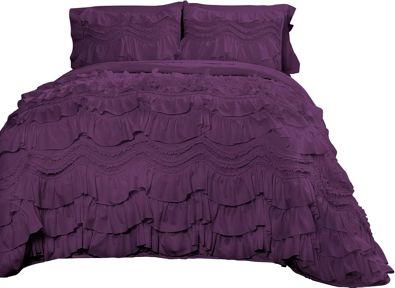 100% Egyptian Cotton, 550 GSM Microfiber Filled Quilt Ruffled Textured 1 Piece Full/Queen Size Comforter, Plum