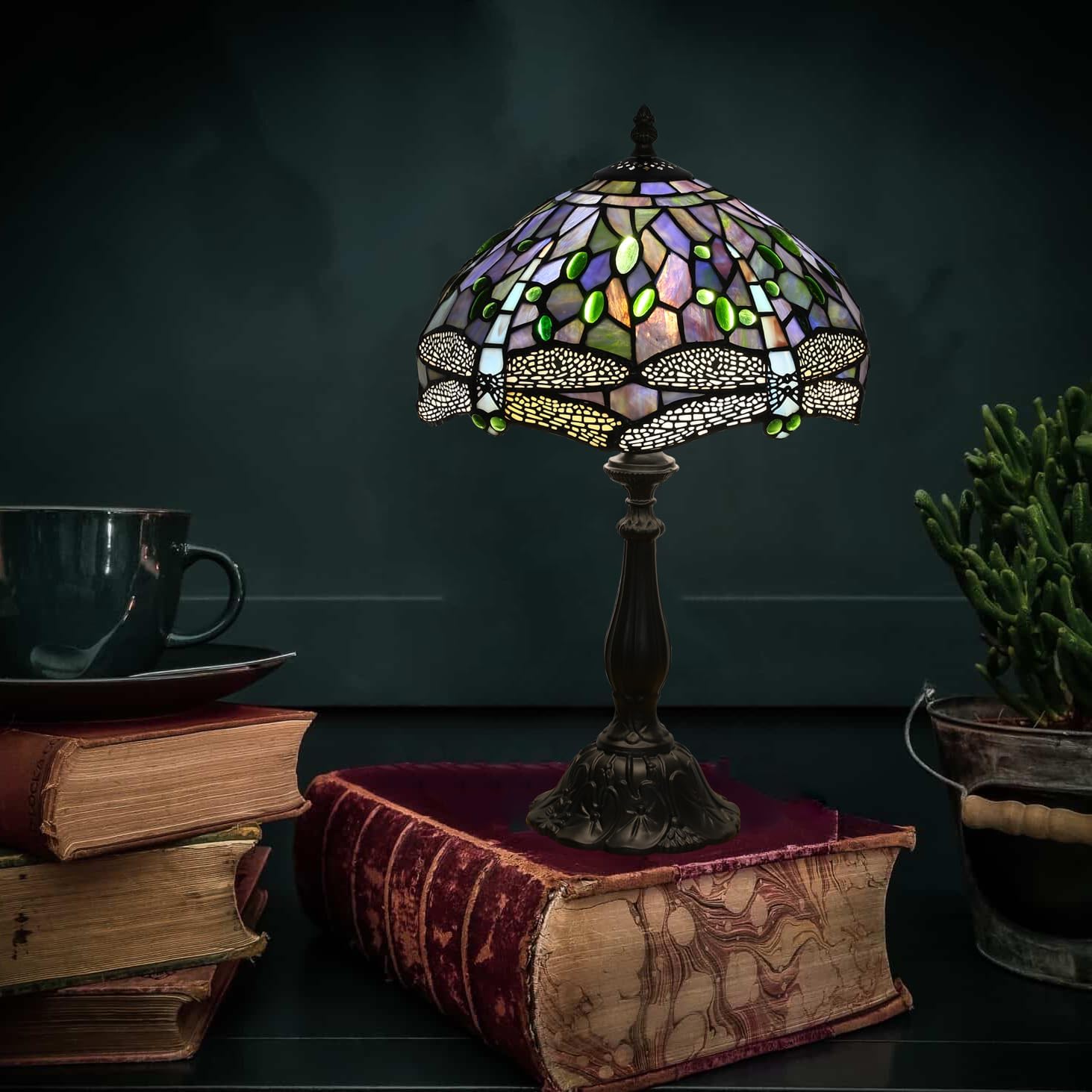 Tiffany Table Lamp Blue Dragonfly Stained Glass Table Lamps for Bedroom 12X12X19Inch 3 Way Color Temperatures Bedside Nightstand Home Office Desk Lamp Reading Lights with E26 LED Bulb