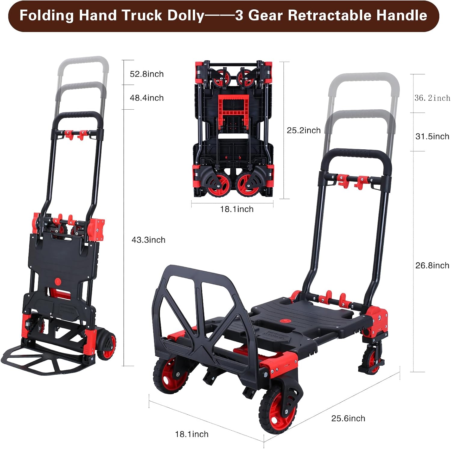 2-in-1 Folding Hand Truck Dolly 330LB Load Carrying,Hand Truck Foldable Dolly with Retractable Handle and 4 Rubber Wheels,Portable Folding Hand Cart for Luggage/Travel/Office