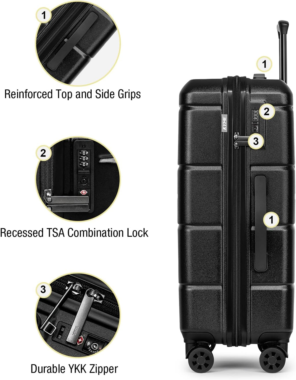 KYME Luggage Sets 2 Piece Suitcase Set Hardshell 20 inch/24 inch Luggage with Spinner Wheels Hardside PC+ABS Checked Large Suitcase with TSA Lock for Men Women Black