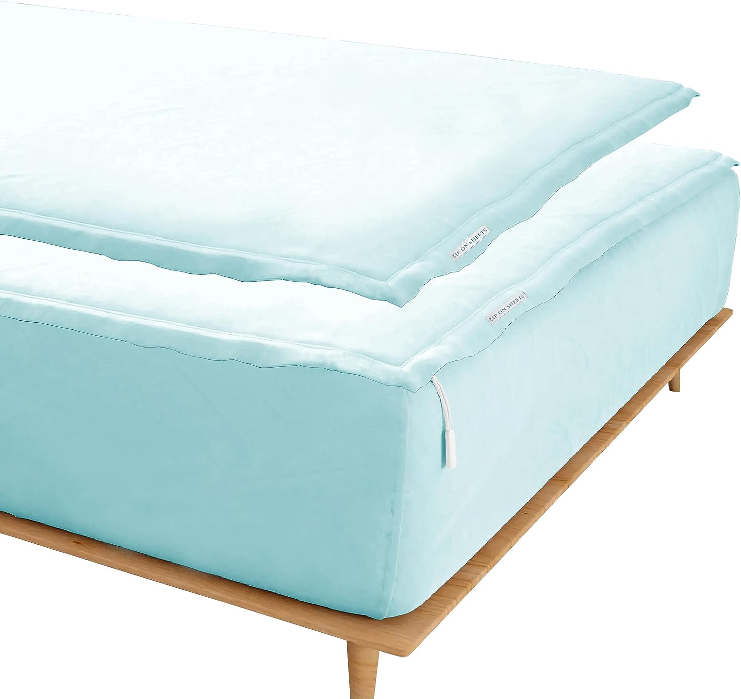 Zip On Sheets™ Zipper Fitted Sheet Queen Size - Upto 16' Inch Deep Pockets - Includes 1 Fitted Sheet Base & 2 Zip-On Sheets - Easy to Use, Sateen Cotton 500 TC Fitted Sheet - Aqua Blue