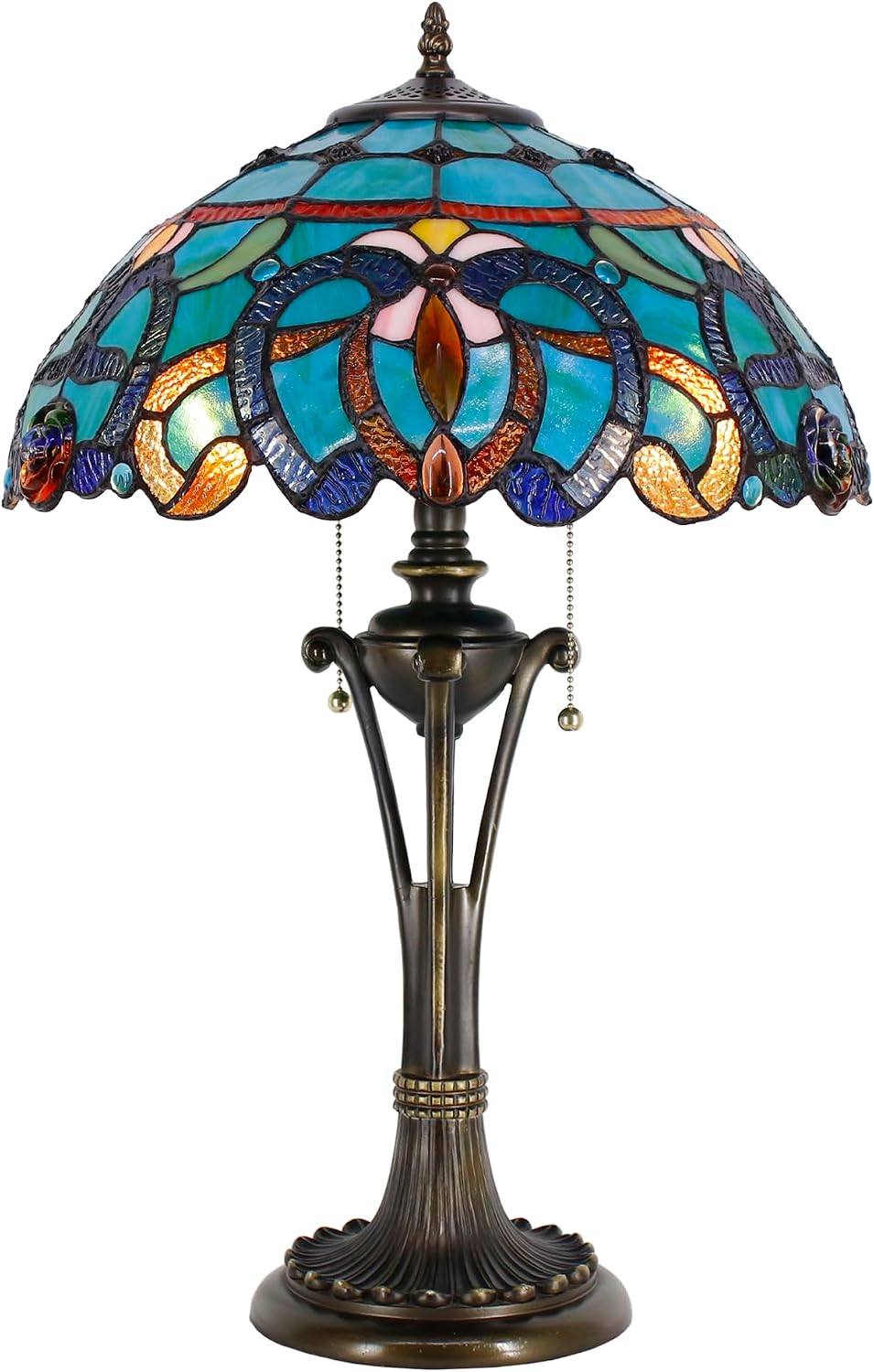 Tiffany Table Lamp 24 Inch Stained Glass Desk Lamp Blue Green Baroque Reading Light for Bedroom Living Room Bedside Nightstand