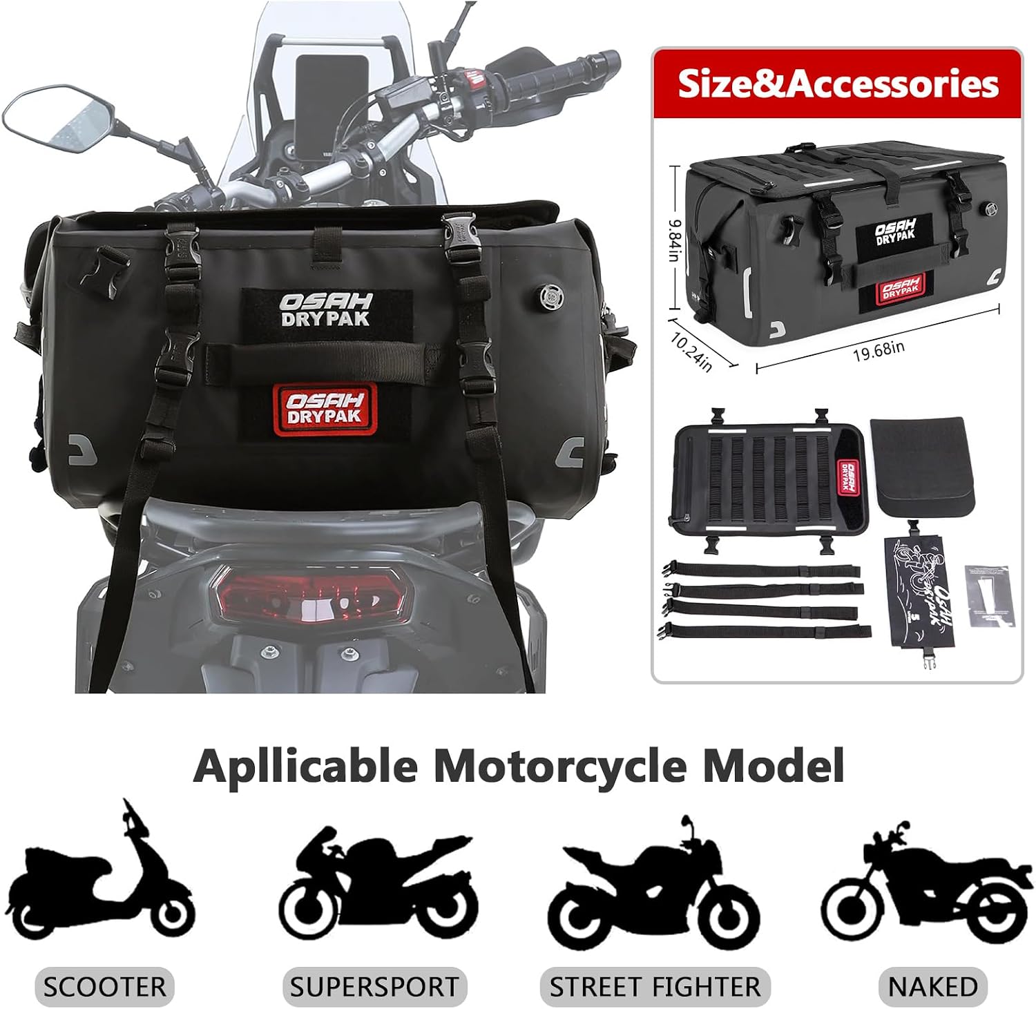 OSAH DRYPAK Waterproof Motorcycle Tail Bag, 40L Waterproof Duffel Bag, Motorcycle Dry Bag, Multifunctional Luggage Bag with Shoulder Straps for Travel, Camping, Fishing