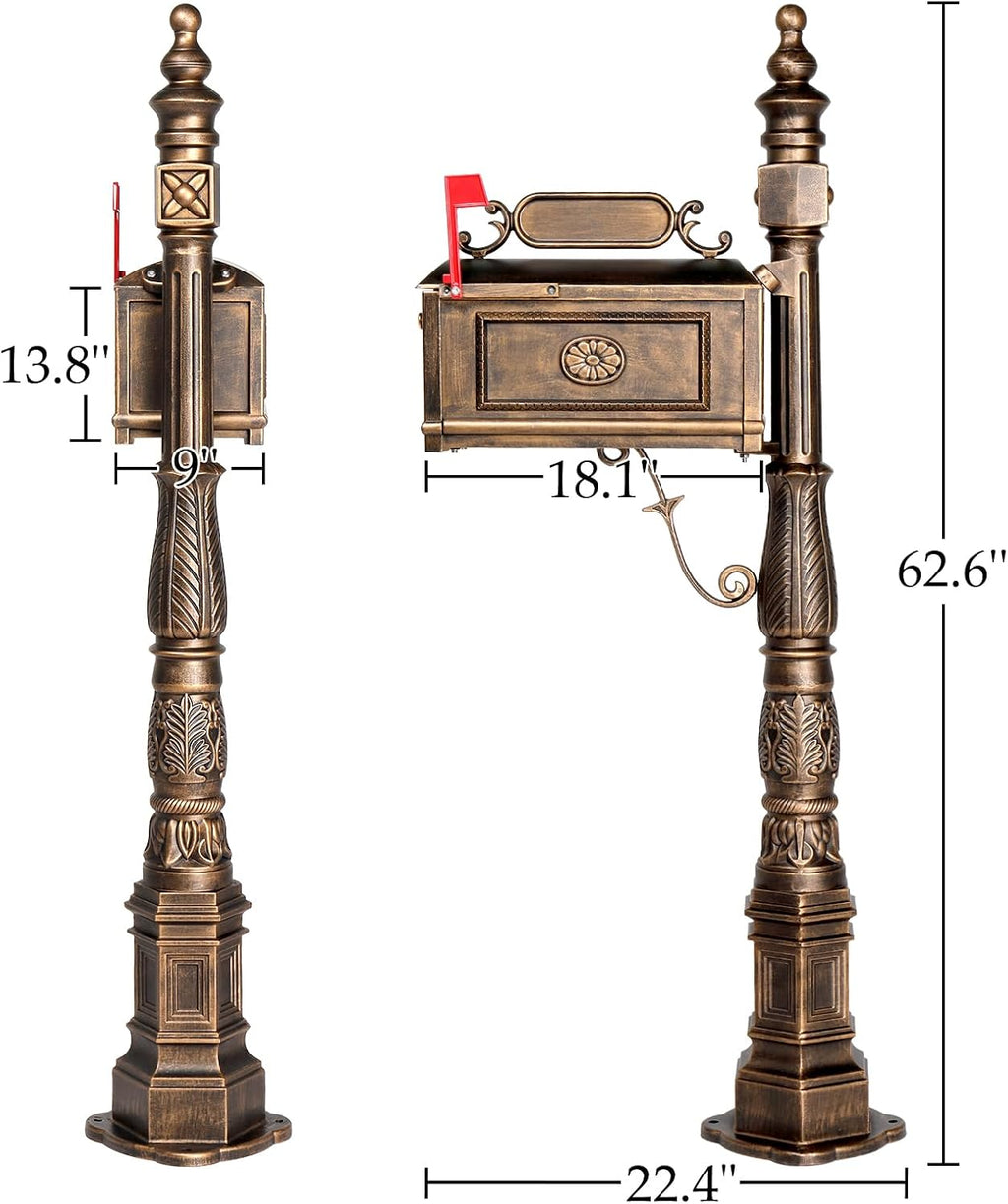 Large Metal Mailbox with Post for Outside Combo, Side Mount with Stand Outgoing Signal Flag & Address Plaque Heavy Duty Cast Aluminum Antique Bronze Vintange Mail Box Sturdy Base 22.4' x 9' x 62.6'H