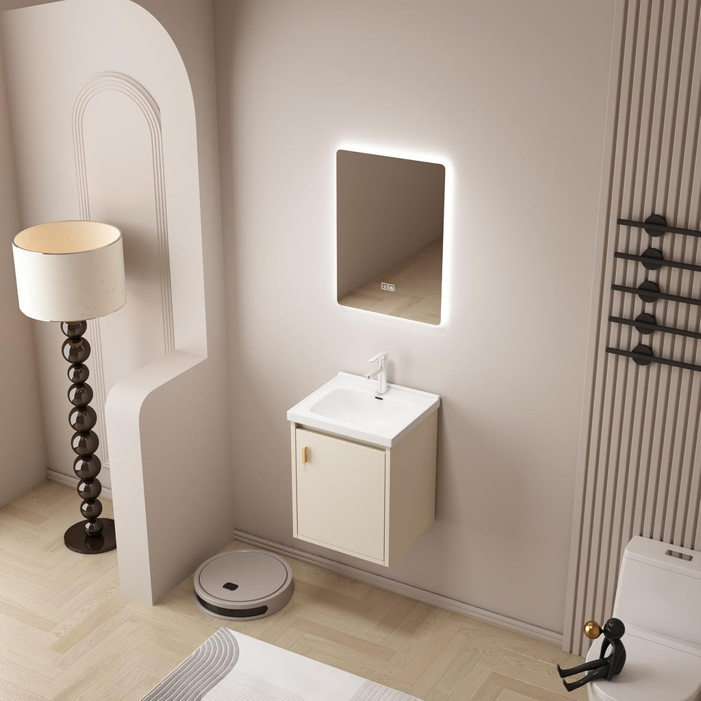 16' Bathroom Vanity Wall Mounted, Small Floating Vanity with Sink Combo, Modern Bathroom Vanity with Soft-Close Drawers, Chrome Faucet, Pop up Drain, P-Trap (Khaki)