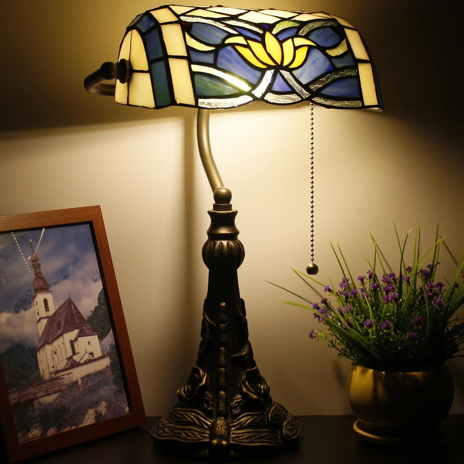 Tiffany Banker Lamp Small Stained Glass Table Lamp Tiffany Style Piano Light Blue Yellow Lotus Style Desk Lamp Angle Adjustable 10.6X15.7 Inch for Home Office Living Room Bedroom