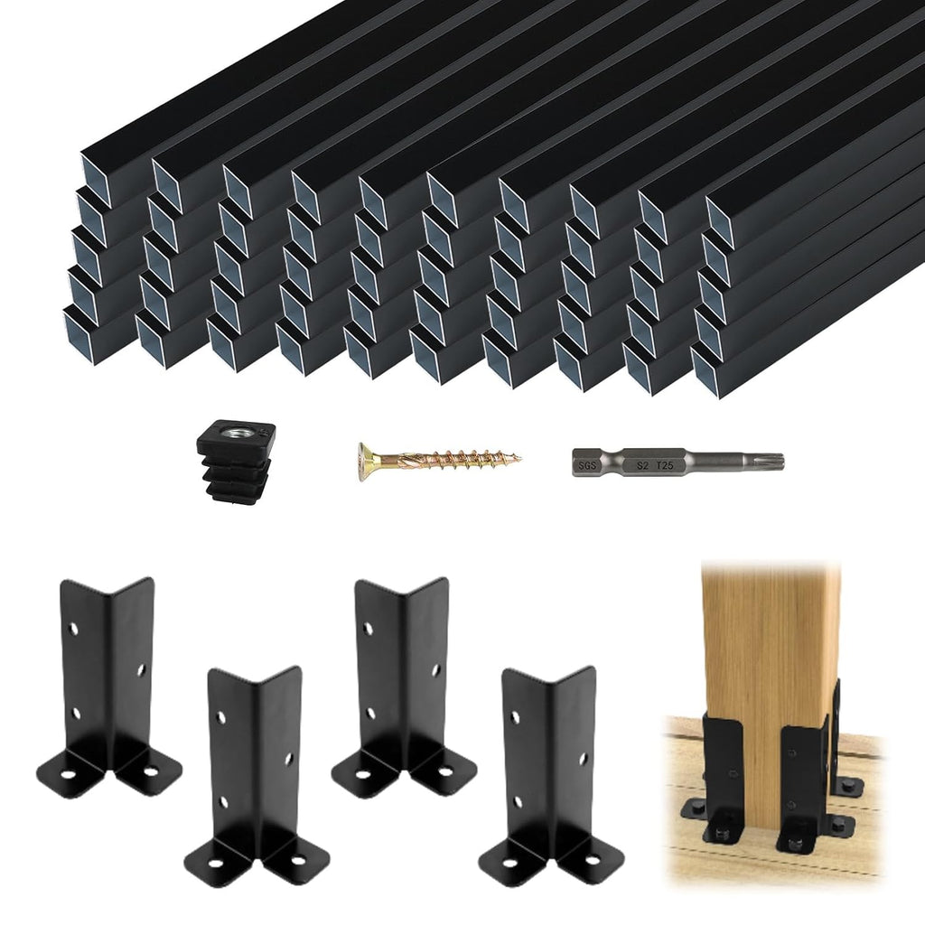 Muzata 4Pack Adjustable Post Base Brackets Deck Post Anchor Fit for Deck Railing Mailbox WT32 Bundle with 50Pack 32' Aluminum Deck Balusters Square Black for Wood and Composite Deck WT26