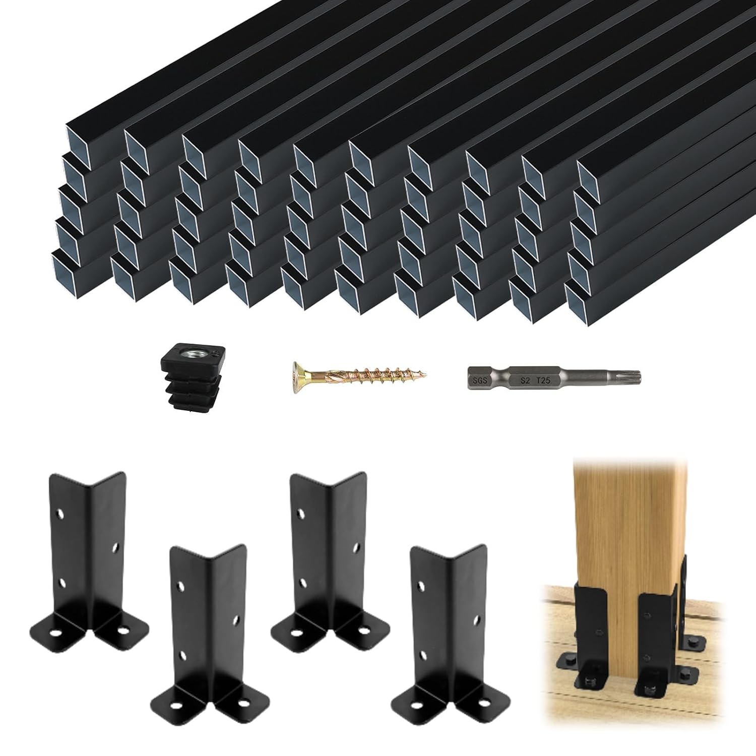 Muzata 4Pack Adjustable Post Base Brackets Deck Post Anchor Fit for Deck Railing Mailbox WT32 Bundle with 50Pack 32' Aluminum Deck Balusters Square Black for Wood and Composite Deck WT26