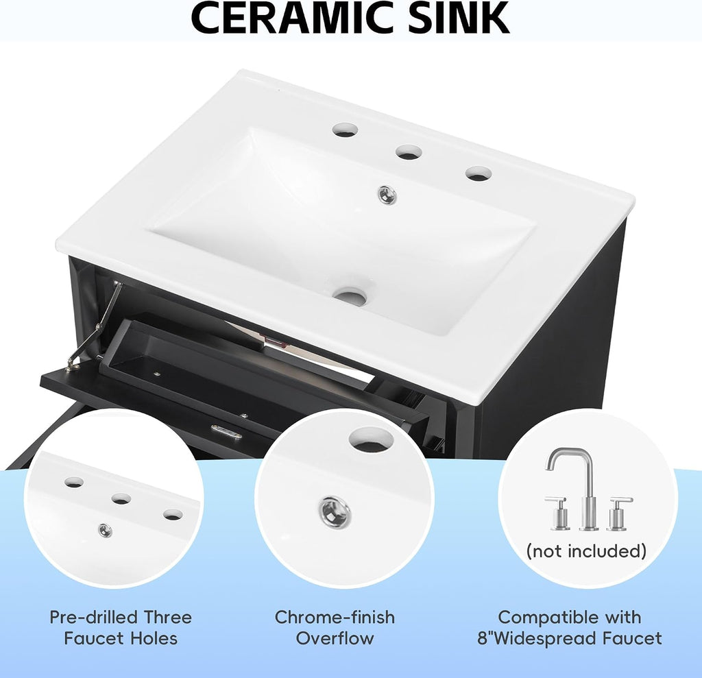 Harper & Bright Designs 24' Bathroom Vanity with Sink, Free Standing Vanity Set with Flip-Out Drawer, 3 Drawers & Storage Cabinet, Wood Bathroom Cabinet with Ceramic Basin for Bathroom, Black
