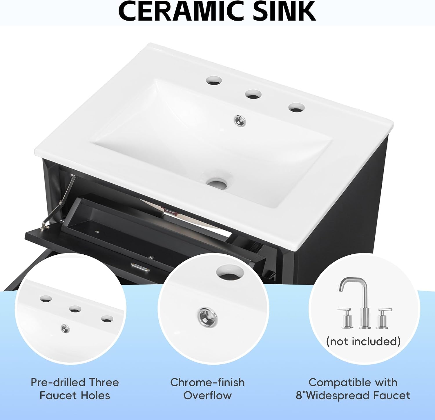 Harper & Bright Designs 24' Bathroom Vanity with Sink, Free Standing Vanity Set with Flip-Out Drawer, 3 Drawers & Storage Cabinet, Wood Bathroom Cabinet with Ceramic Basin for Bathroom, Black