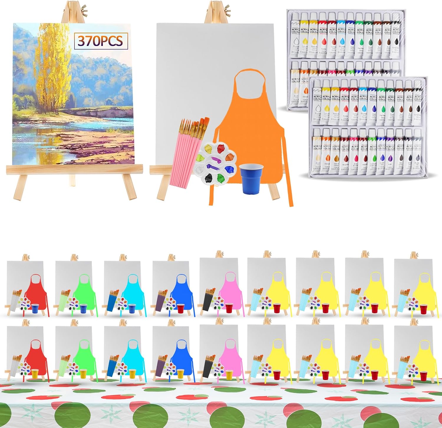 Rabbitale 370 Pcs Art Painting Kit Supplies Set for Party - 200 Paint Brushes, 48 Acrylic Paints, 20 Wood Easels & Canvas Panels & Palettes & Aprons & Wash Pen Cup, 2 Plastic Tablecloth
