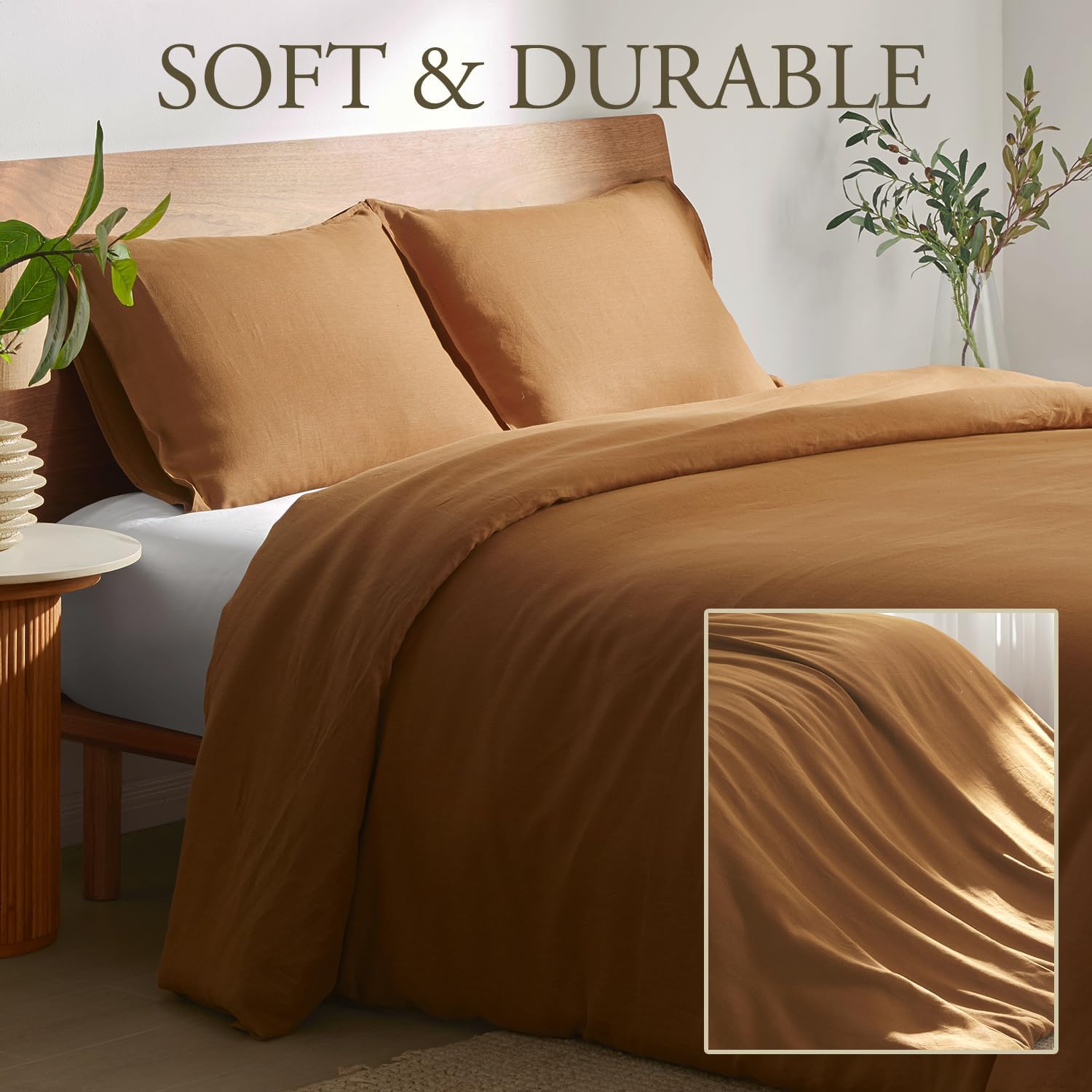 DAPU 100% Linen Duvet Cover Set - Pure Natural French Flax Linen with Corner Ties and Zipper Closure Soft Breathable Durable for Hot Sleepers 1 Duvet Cover 2 Pillowcases (Earthy Linen, Queen)