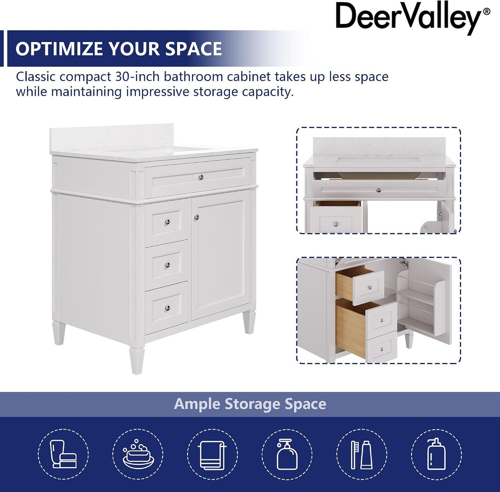 DeerValley 30 Inch Bathroom Vanity with Sink and Backsplash, Pre-Assembled Modern Bath Cabinet with Storage, Soft Close Doors, White