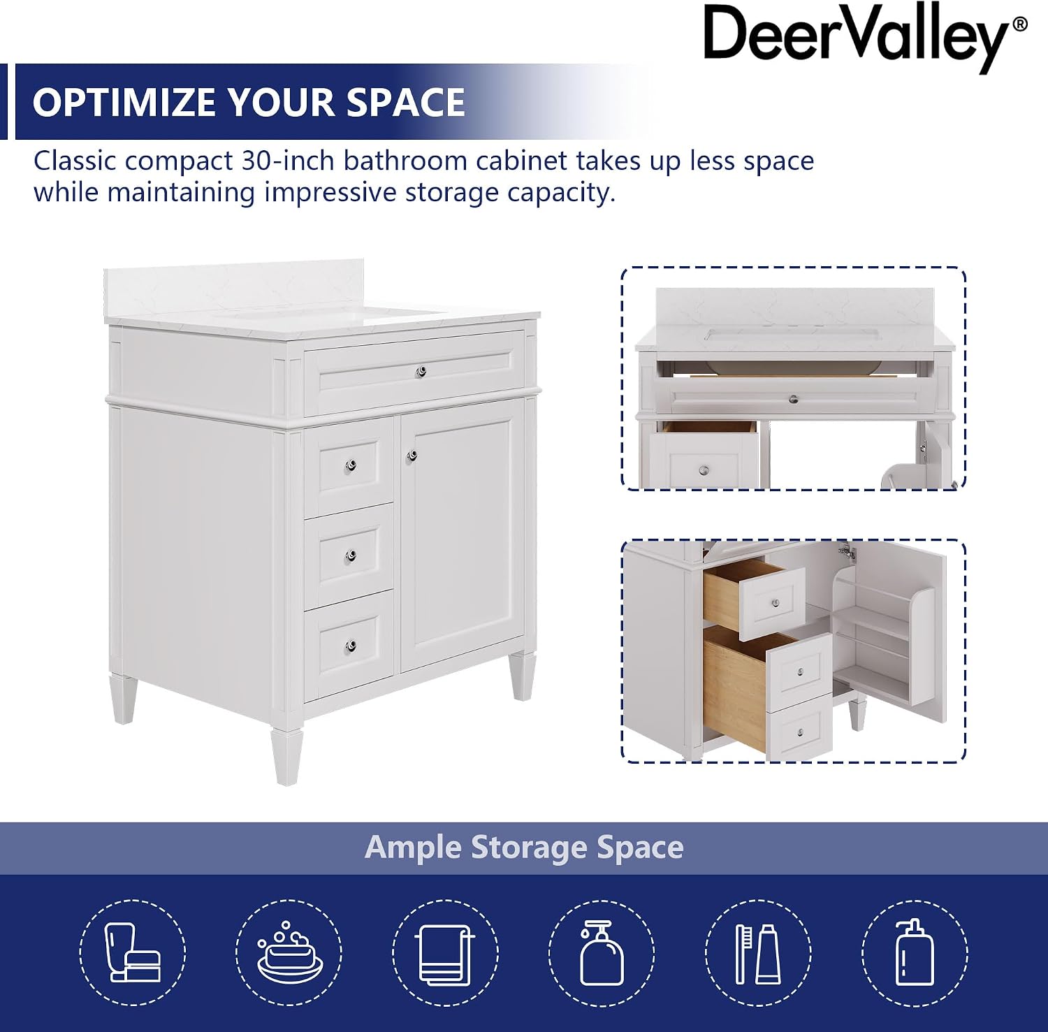 DeerValley 30 Inch Bathroom Vanity with Sink and Backsplash, Pre-Assembled Modern Bath Cabinet with Storage, Soft Close Doors, White