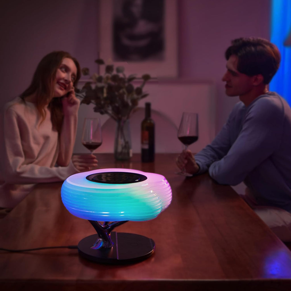 Bonsai Modern LED Bedside Smart Table Lamp with Built-in TWS Bluetooth Speaker and Qi Wireless Charger for Home and Office, Stepless Dimming with Sleep Mode (Clouds)