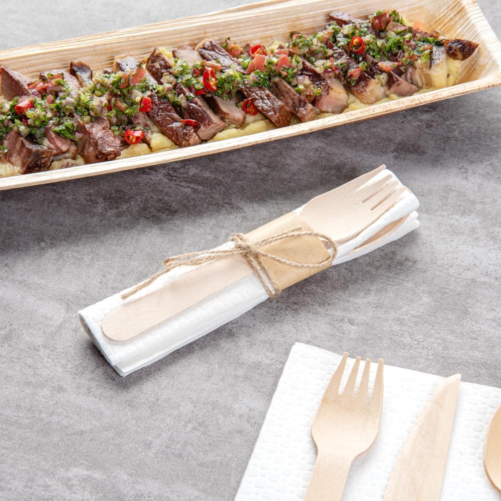 Restaurantware Wood Cutlery Set with Napkin - Tied with Twine - Great For Parties or Catering - Utensil Set - Wooden Fork Knife Spoon and Napkin - 100 ct Box