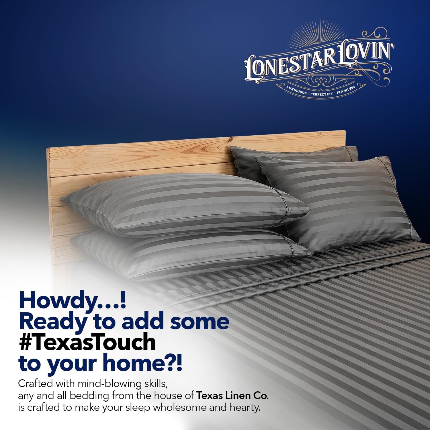 TEXAS LINEN CO. 100% Egyptian Cotton King Size Sheets Set - Luxury 1000 Series Lonestar Lovin' Damask Bed Sheets King Size (4 PC, Dark Grey Stripe), 16' Deep Pocket Extra Long Staple Hotel Sheets
