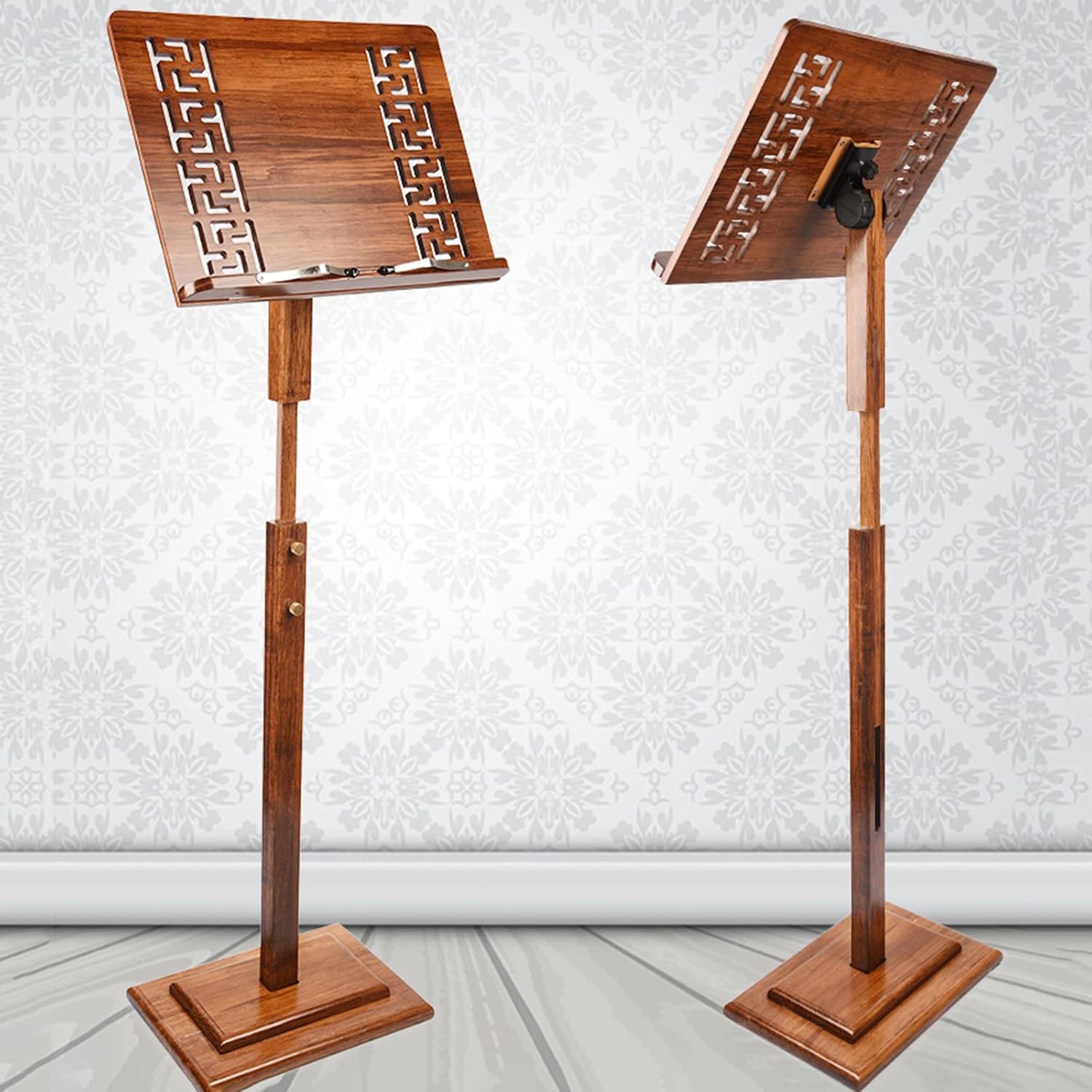 Wood Music Stand, Professional Orchestral Sheet Music Stand for Instrument Books, Concert Church School, Height Adjustable 43'-53' (Color : Brown)