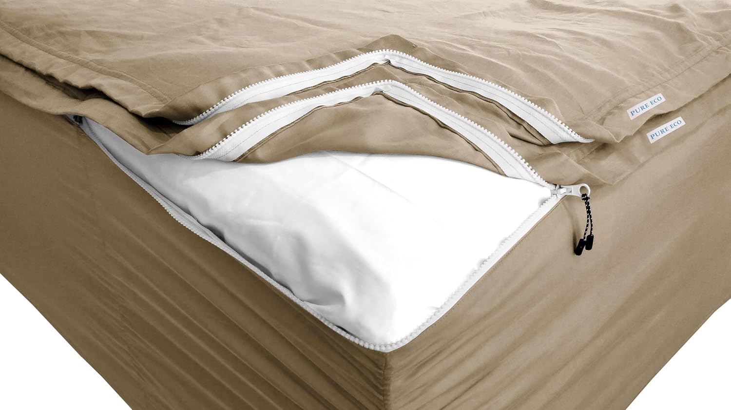 Zipper Fitted Sheet - Includes 1 Fitted Sheet Base & 2 Zip-On Sheets - Upto 16' in. Deep Pockets Queen Size Zipper Fitted Sheet - Easy to Change, Sateen Cotton 600 TC Fitted Sheet - Baige