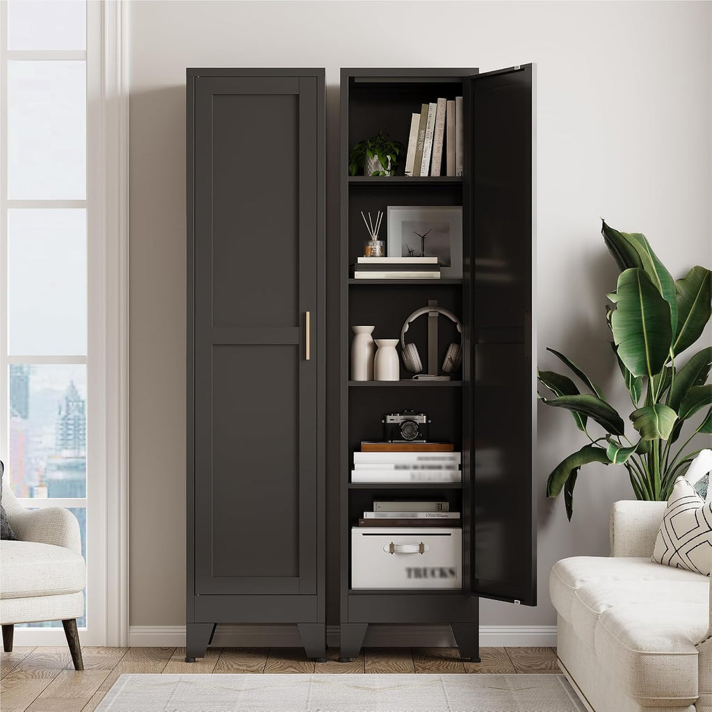 67' Tall Narrow Storage Cabinet, Metal Slim Bathroom Cabinet, Single Door Freestanding Floor Cabinets with 4 Adjustable Shelves for Laundry, Kitchen Pantry, Living Room (1PC, Black)