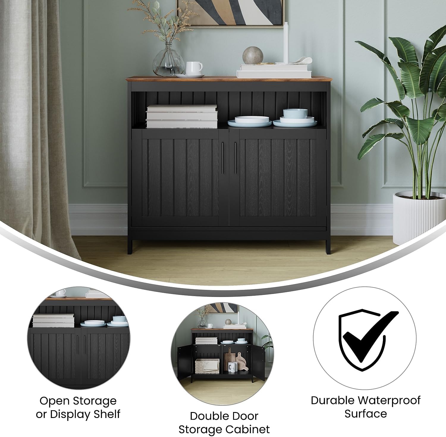 Flash Furniture Mayfield Buffet and Sideboard Cabinet, Double Door Storage Cabinet, Open Upper Storage Shelf, Waterproof Surface, 40' Wide, Black/Walnut