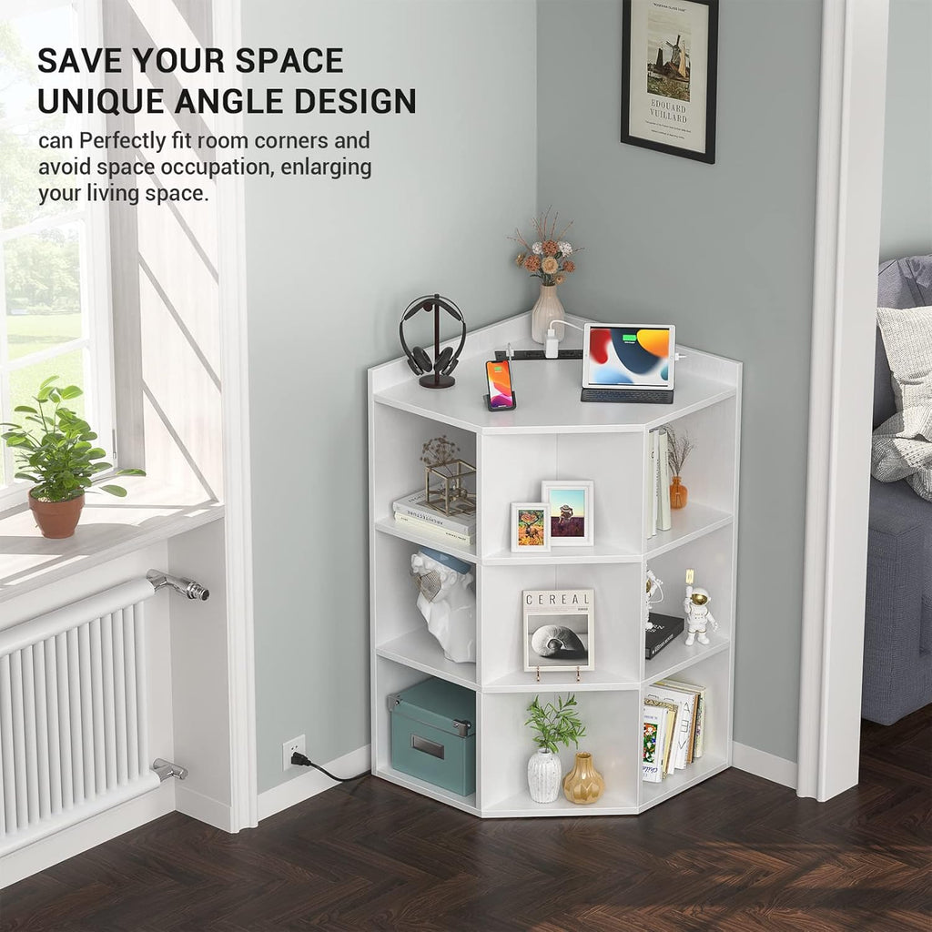 Aheaplus Corner Cabinet, White Corner Storage with USB Ports and Outlets, Corners Cube Toy Storage for Small Space, Wooden Cubby Corner Bookshelf with 9 Cubes for Bedroom, Living Room, Office, White