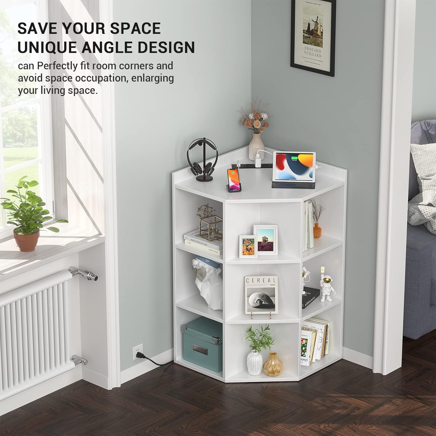 Aheaplus Corner Cabinet, White Corner Storage with USB Ports and Outlets, Corners Cube Toy Storage for Small Space, Wooden Cubby Corner Bookshelf with 9 Cubes for Bedroom, Living Room, Office, White