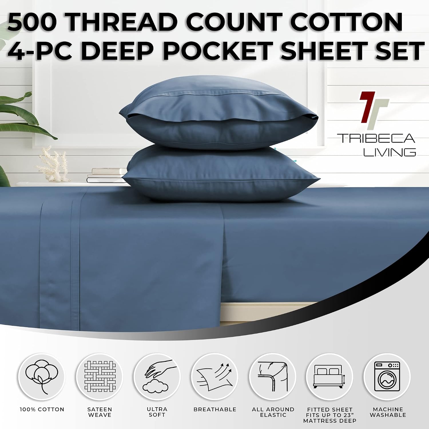 Tribeca Living California King Bed Sheet Set, Soft Egyptian Cotton Sateen Solid Sheets and Pillowcase Set, Deep Pocket, 500 Thread Count, 4-Piece Luxury Bedding, Midnight Blue