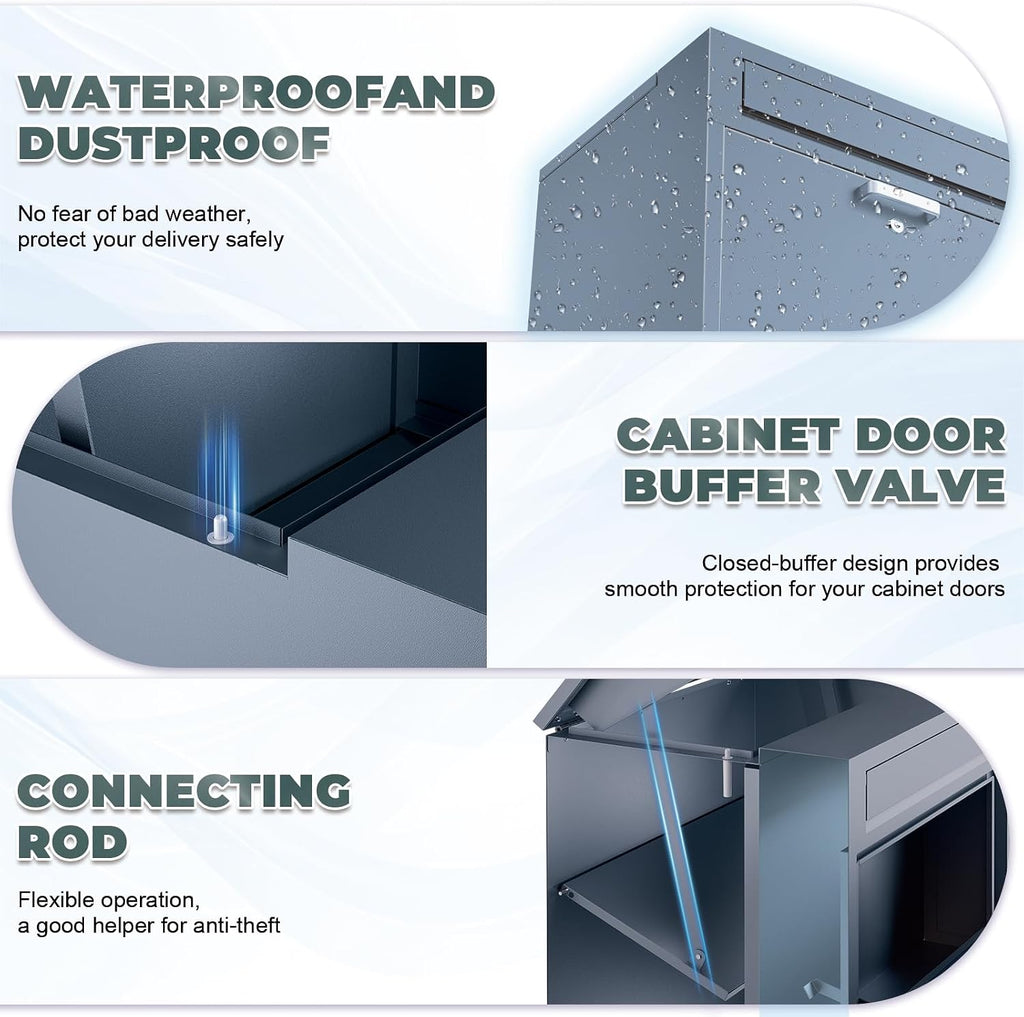 Outdoor Package Delivery Box with Wooden Door, Pre-Assembled Lockable Anti-Theft Parcel Drop Box, IPX3 Waterproof & Weather-Resistant for Porch, Fence, Curbside, (L - Blue)