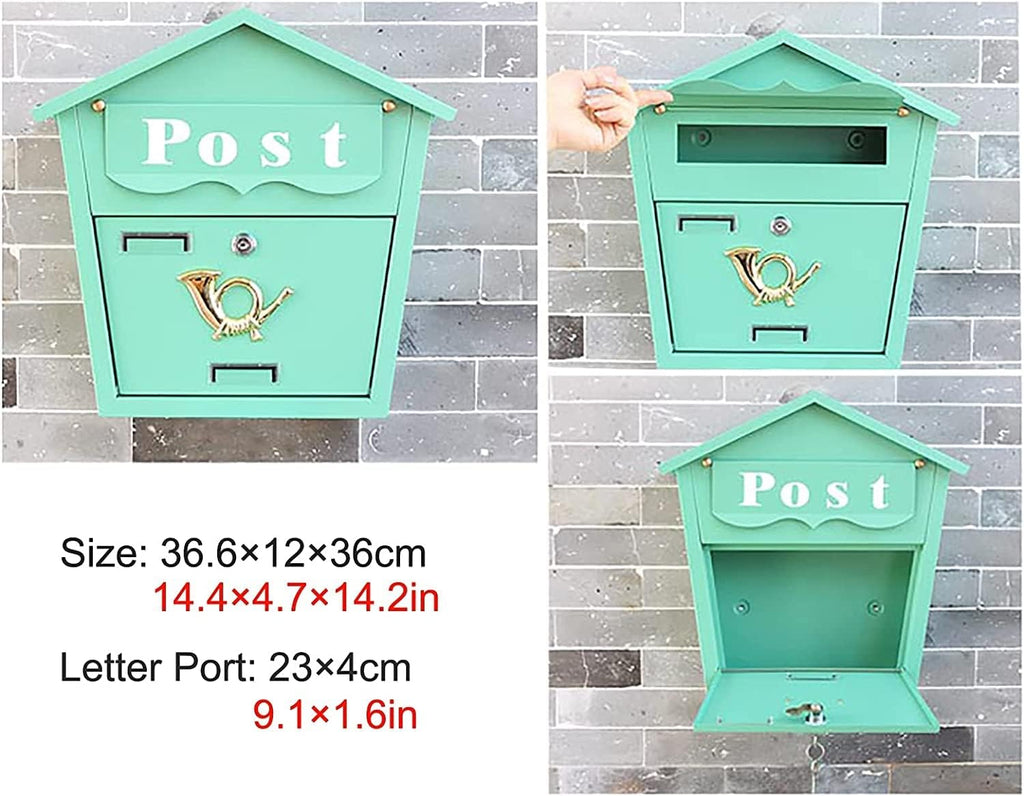 REMYS Suggestion Box Ballot Box Drop Box Green Metal Mailbox Wall Mount for Outside, Extra Large Mail Box with Lock, Home & Office Rust-Proof Postbox, Modern Style