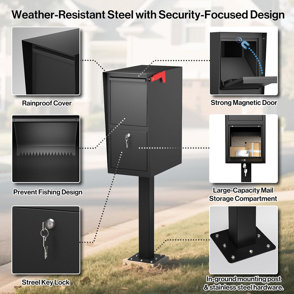 Secure Curbside Locking Mailbox for Packages, Weekend-Away Design with In-Ground Post and Base Plate (Black)