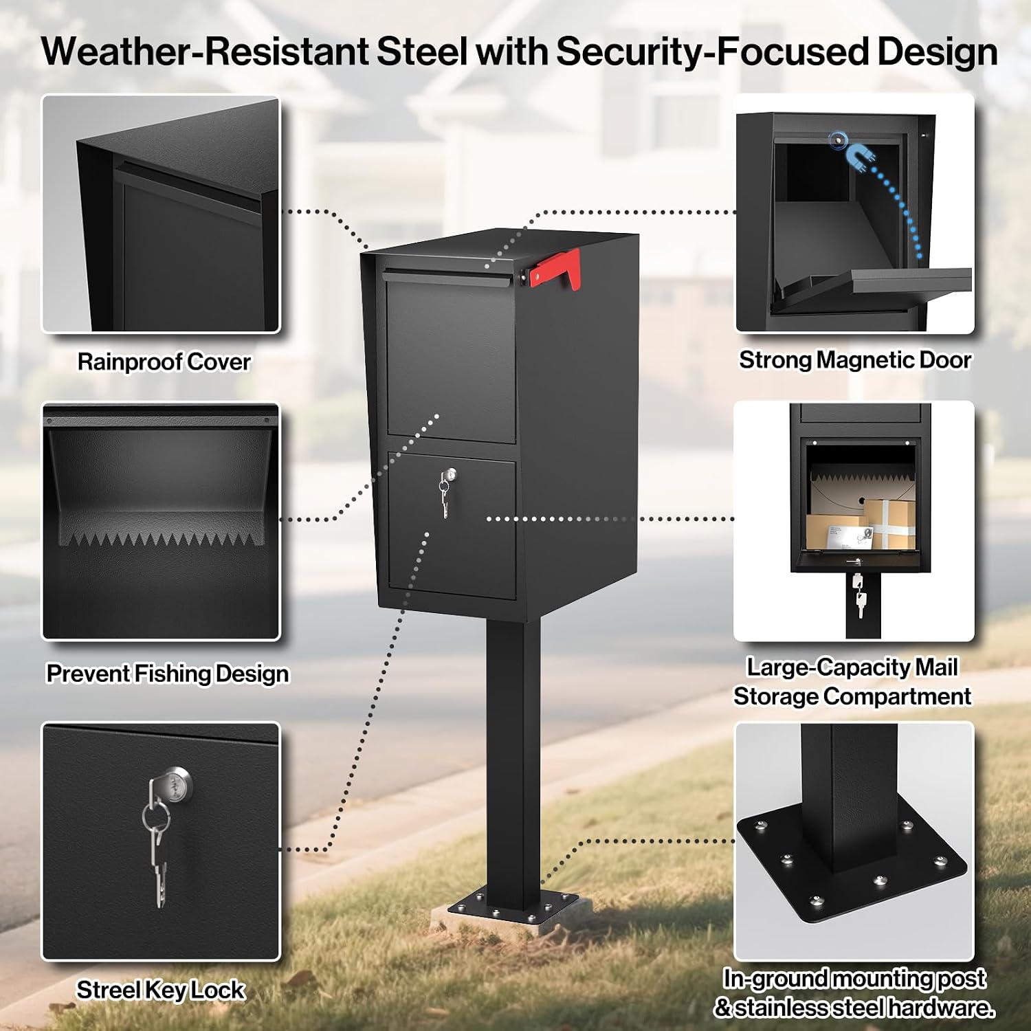Secure Curbside Locking Mailbox for Packages, Weekend-Away Design with In-Ground Post and Base Plate (Black)