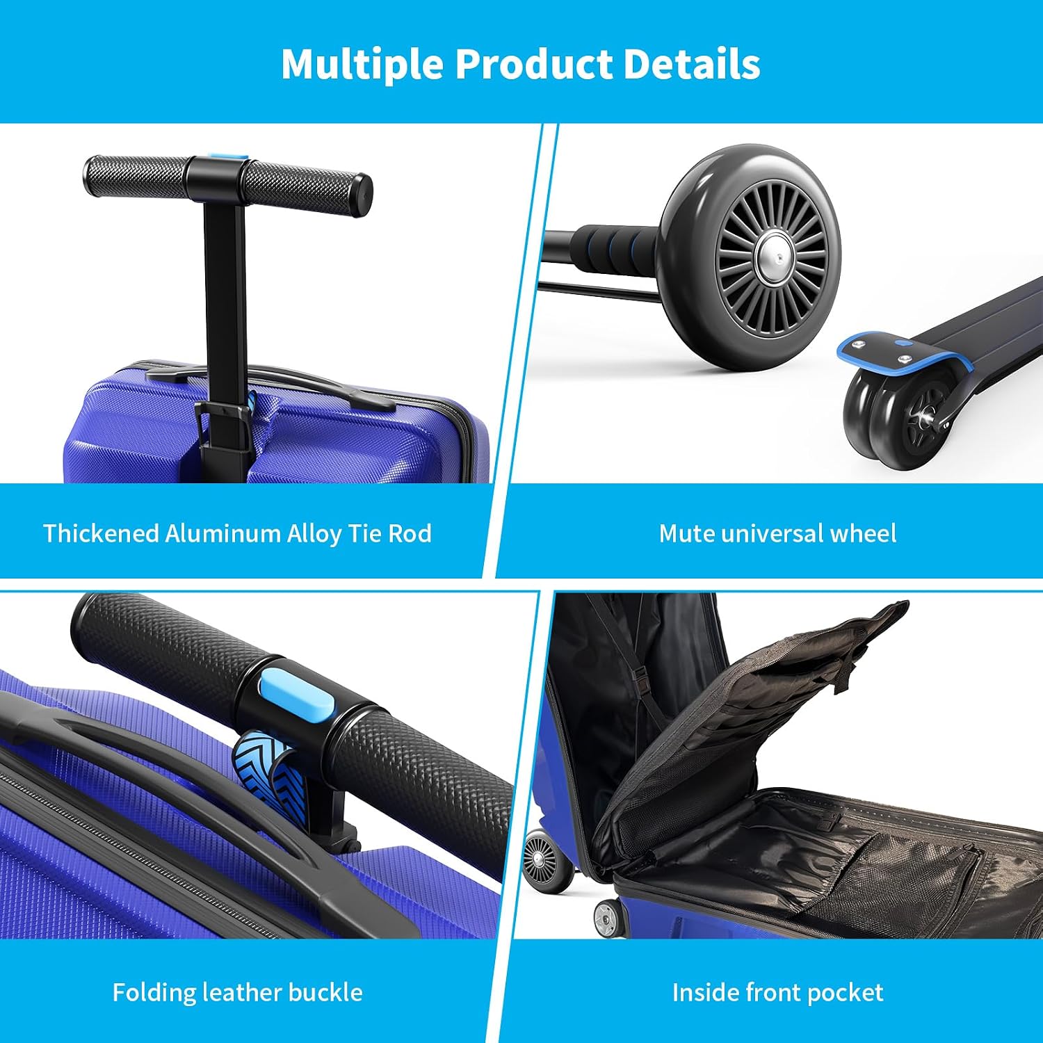 Scooter Suitcase 3-D Hardshell Ride Scooter Luggage for Kids Age 7-15, Cute Lightweight Kids Luggage with Wheels, Girls&Boys Multifunctional Ride On Travel Trolley Scooter Combo-Blue