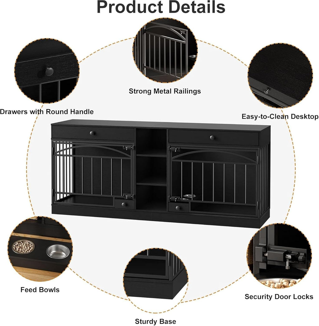 GAOMON Dog Crate Furniture for 2 Dogs, 78.7'' Large Dog Kennel Indoor with 2 Storage Drawers, 3 Shelves and Feeding Bowls, Double Dog Crate TV Stand for Small and Medium Dogs, Black