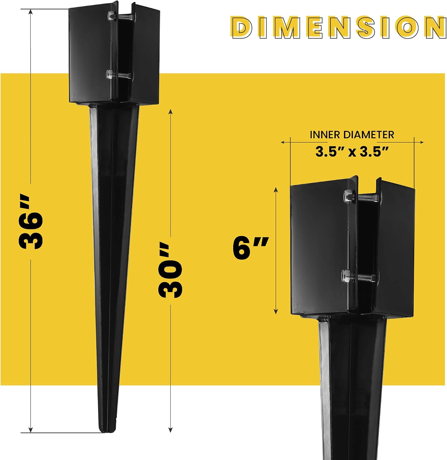 8 Pcs 36' Heavy Duty 4x4 Fence Post Anchor Ground Spike Metal Black Powder Coated - Mailbox Post Anchors. Length: 36 inches, Outer Dimension: 4' x 4' (Fit 3.5' x 3.5' Square Wood Post)