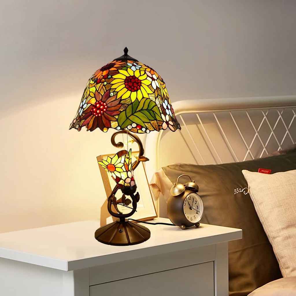 Sunflowers Tiffany Table Lamp Multi-Color Flowers Table Lamp Stained Glass Lamp 16X16X28 Inch Bedside Nightstand Reading Desk Light for Bedroom Home Office Decor, LED Bulb Included
