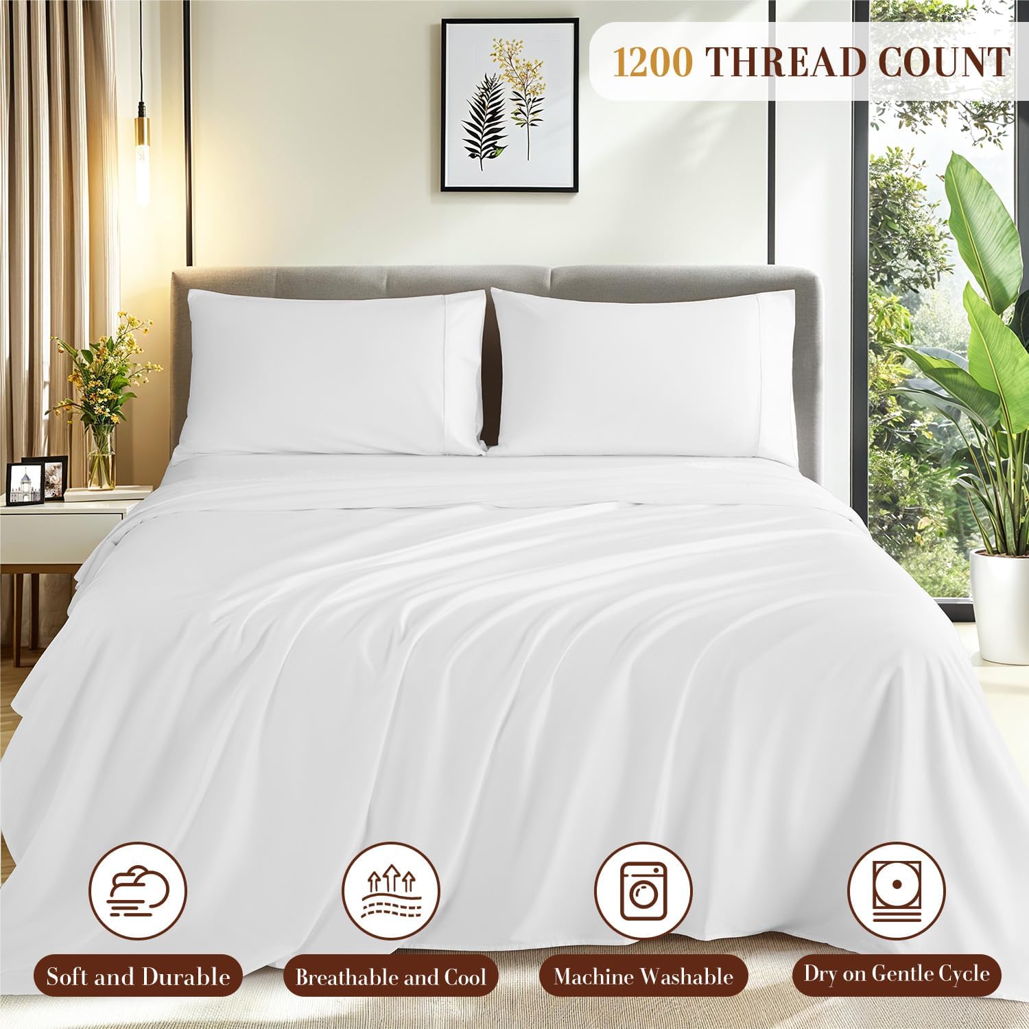 1200 Thread Count Cotton Sheets, 100% Egyptian Cotton Sheet for Queen Size Bed,Very Smooth Soft with 18' Deep Pocket Sheets 4-Pc Sets (Pearl White, Queen)
