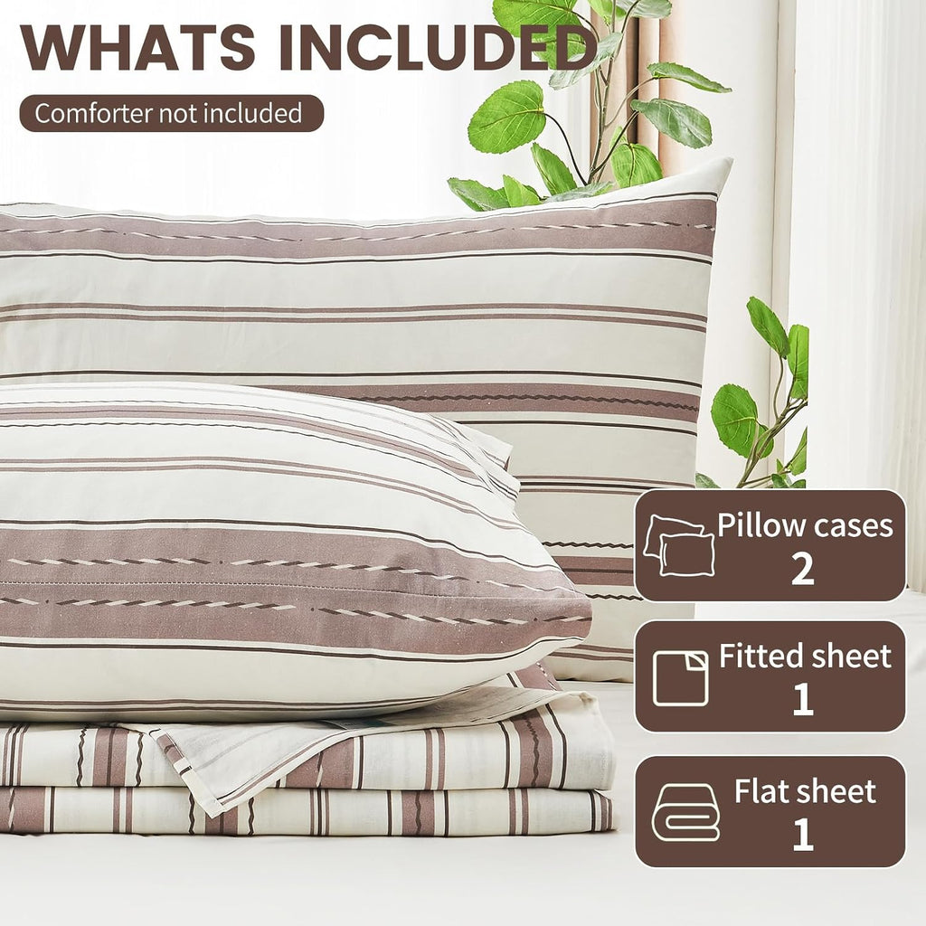 100% Linen Sheets Queen Size,Breathable & Durable 4-Piece Bed Flax Stripes Sheet Set,Soft All-Season Bedding for Hot Sleepers 16' Deep Pocket Oeko-TEX Certified,（Queen, Brown Stripes）