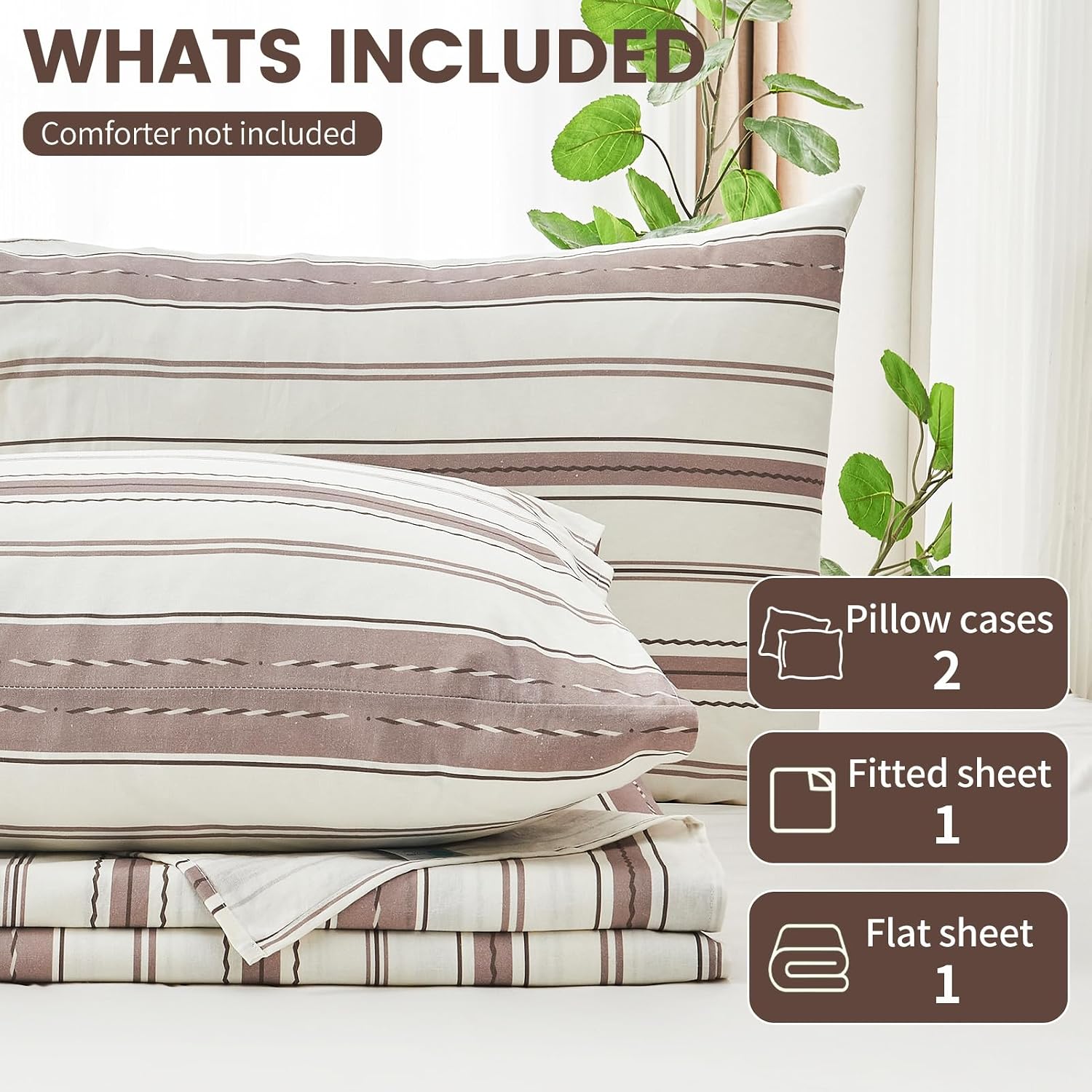 100% Linen Sheets Queen Size,Breathable & Durable 4-Piece Bed Flax Stripes Sheet Set,Soft All-Season Bedding for Hot Sleepers 16' Deep Pocket Oeko-TEX Certified,（Queen, Brown Stripes）