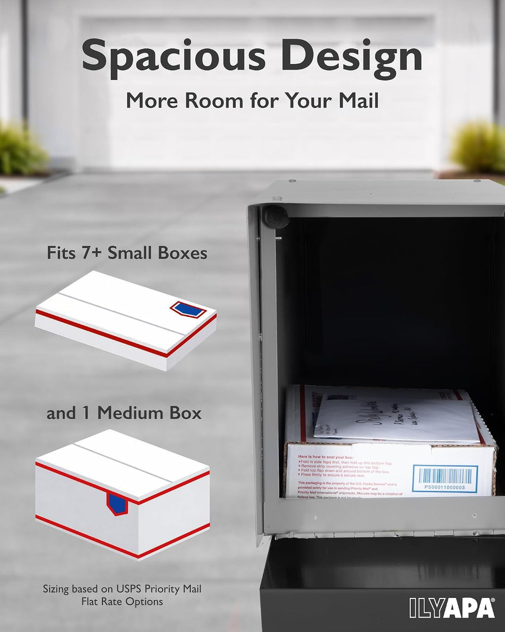 Ilyapa Modern Mailbox for Post Mount - Gray with Black Door Powder Coated Steel, Waterproof Letter Box for Parcels, with Recessed Magnetic Close Door