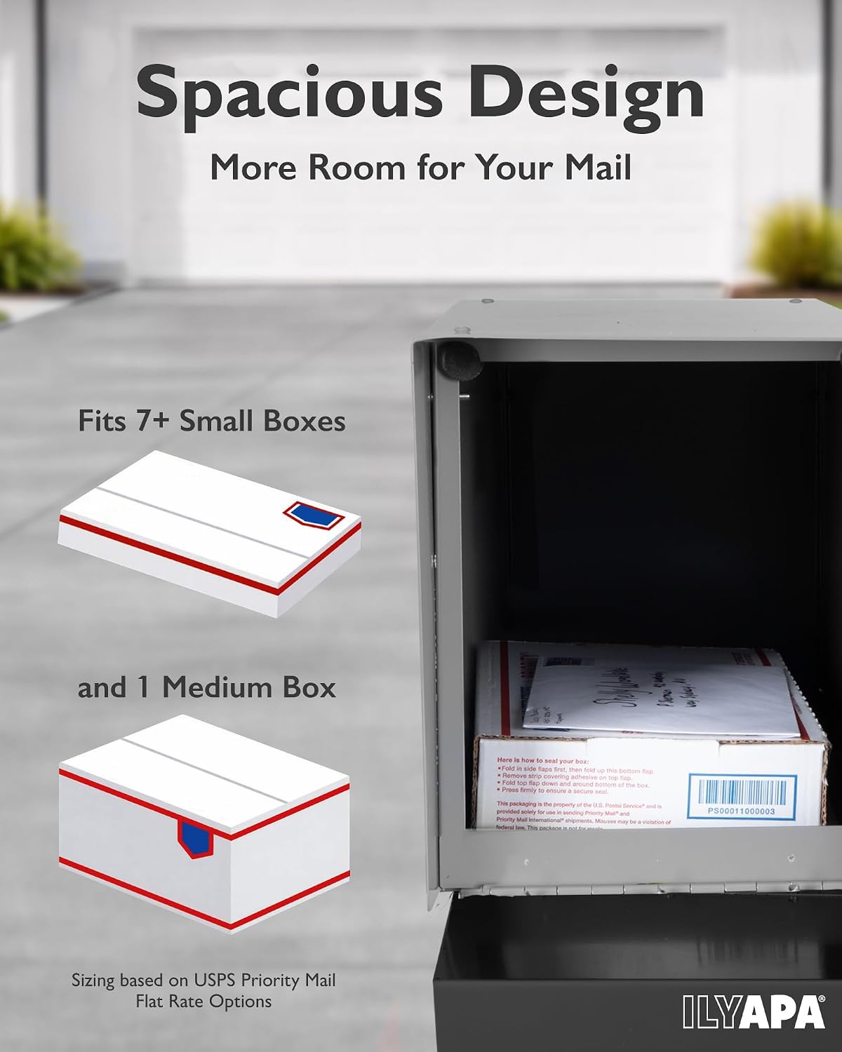 Ilyapa Modern Mailbox for Post Mount - Gray with Black Door Powder Coated Steel, Waterproof Letter Box for Parcels, with Recessed Magnetic Close Door